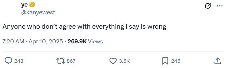 Kanye tweet on being right